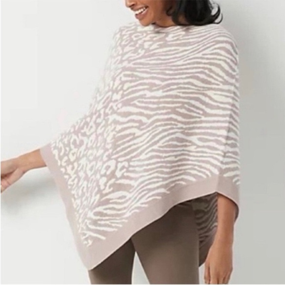NWOT Barefoot Dreams CozyChic Ultra Lite Poncho in a pink zebra leopard print